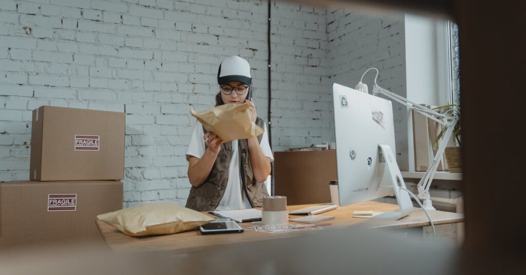 5 soluciones estratégicas Courier in modern office checking parcel with technology and shipping materials around.